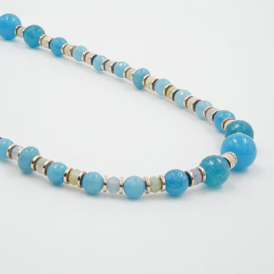 Collana con quarzo spugna azzurro, acquamarina, ematite, chiusura in argento 925 – Rosato