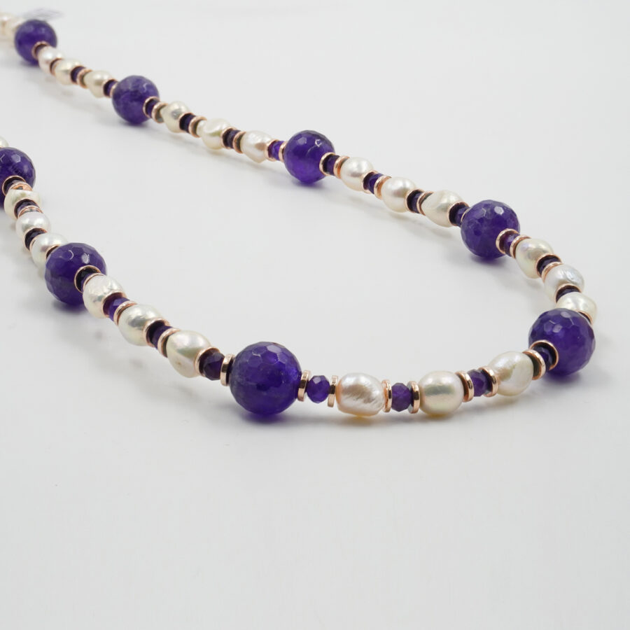 Collana con perla, ametista, ematite, chiusura in argento 925 – Rosato