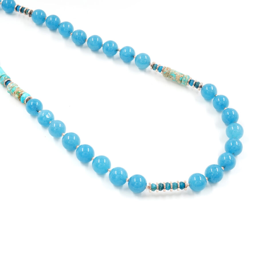 Collana con quarzo spugna azzurro, apatite, diaspro imperiale, ematite, chiusura in argento 925 – Rosato