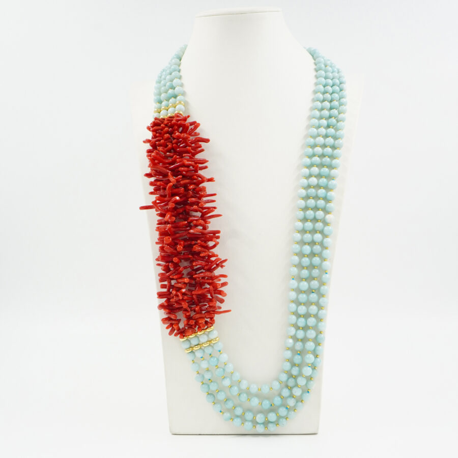 Collana Multifilo con amazzonite, corallo, ematite, chiusura in argento 925 – Dorato