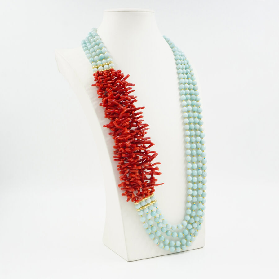 Collana Multifilo con amazzonite, corallo, ematite, chiusura in argento 925 – Dorato - immagine 2
