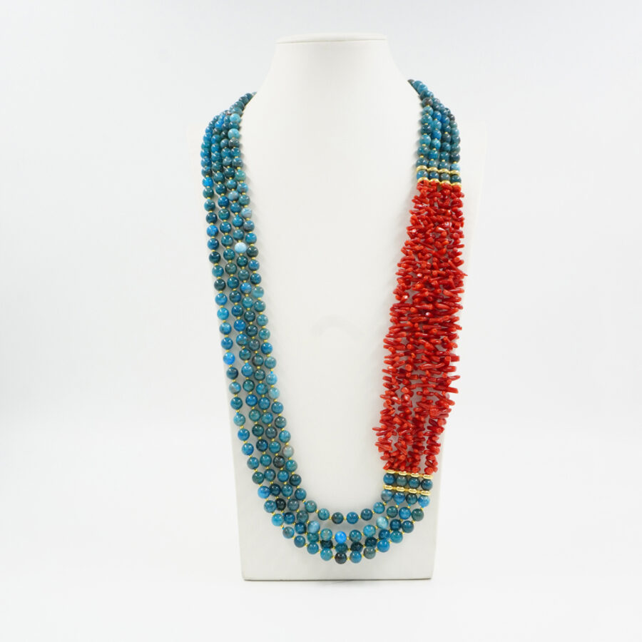 Collana Multifilo con apatite, corallo, ematite, chiusura in argento 925 – Dorato
