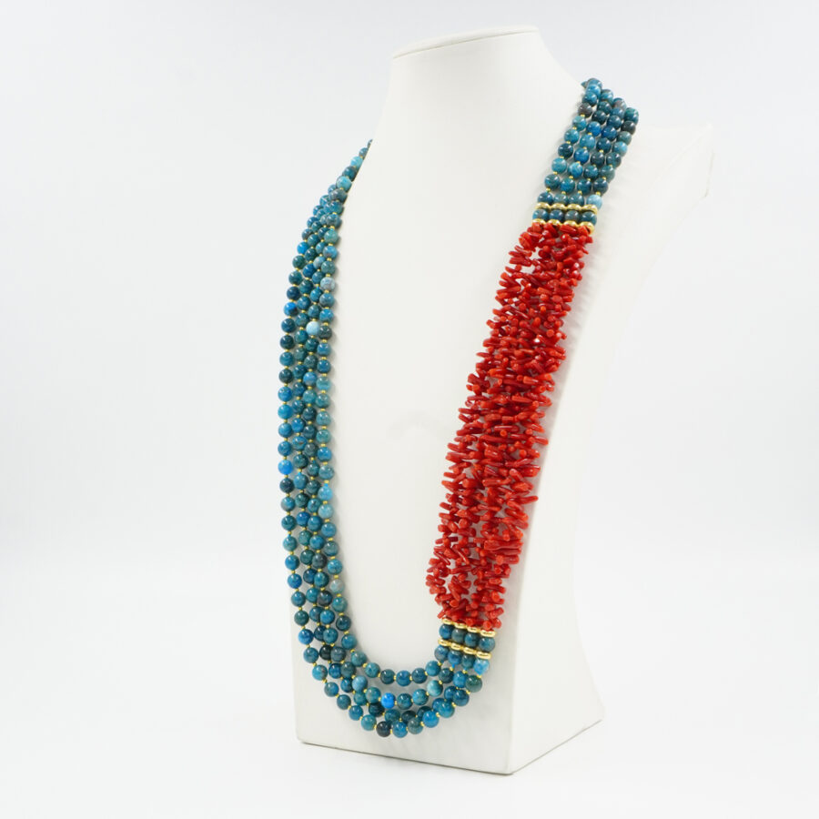 Collana Multifilo con apatite, corallo, ematite, chiusura in argento 925 – Dorato - immagine 2