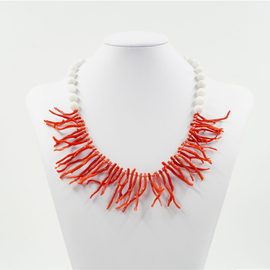 Collana con pietra di Luna Bianca, corallo, ematite, chiusura in argento 925 – Rosato