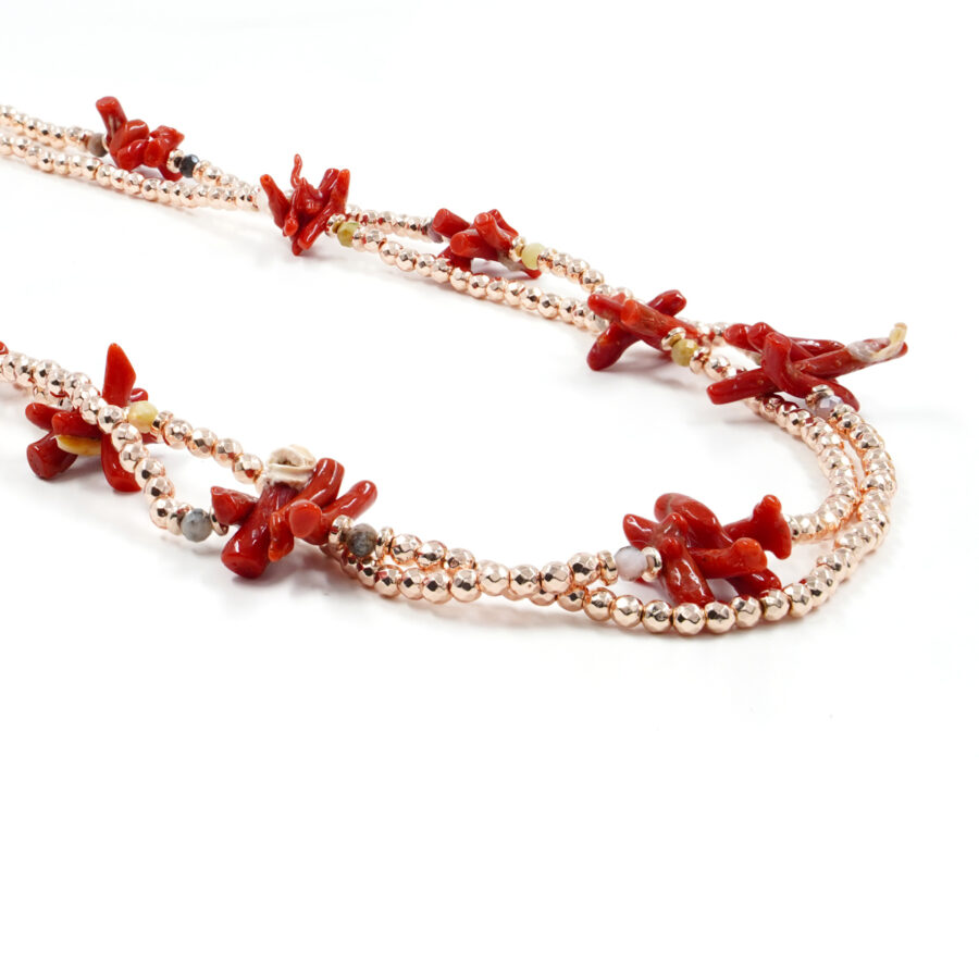 Collana Multifilo con ematite, corallo, opale rosa