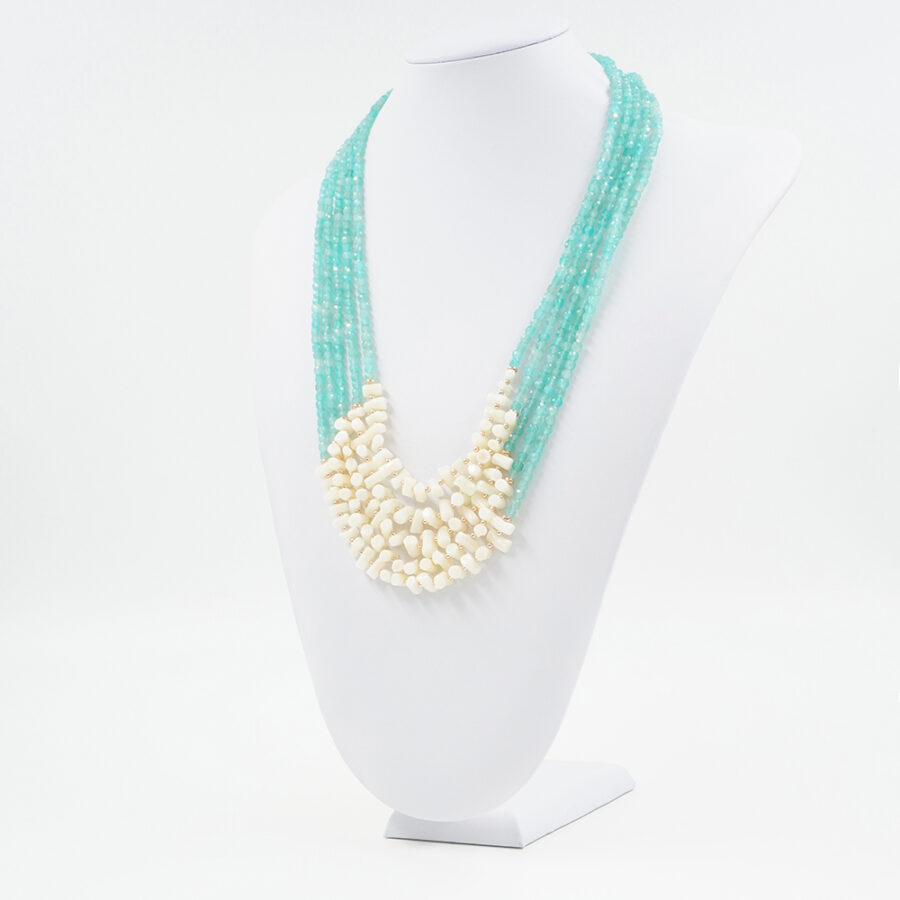 Collana Multifilo con amazzonite, corallo bianco, ematite, chiusura in argento 925 – Rosato