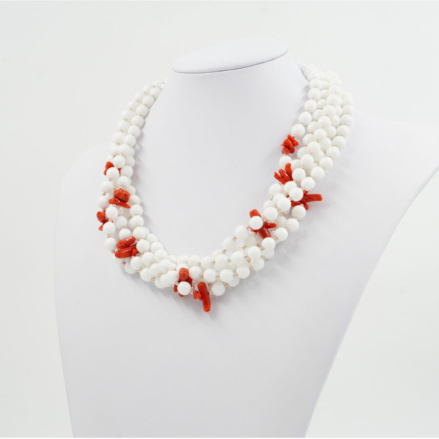 Collana Multifilo con agata bianca, corallo, ematite, chiusura in argento 925 – Rosato