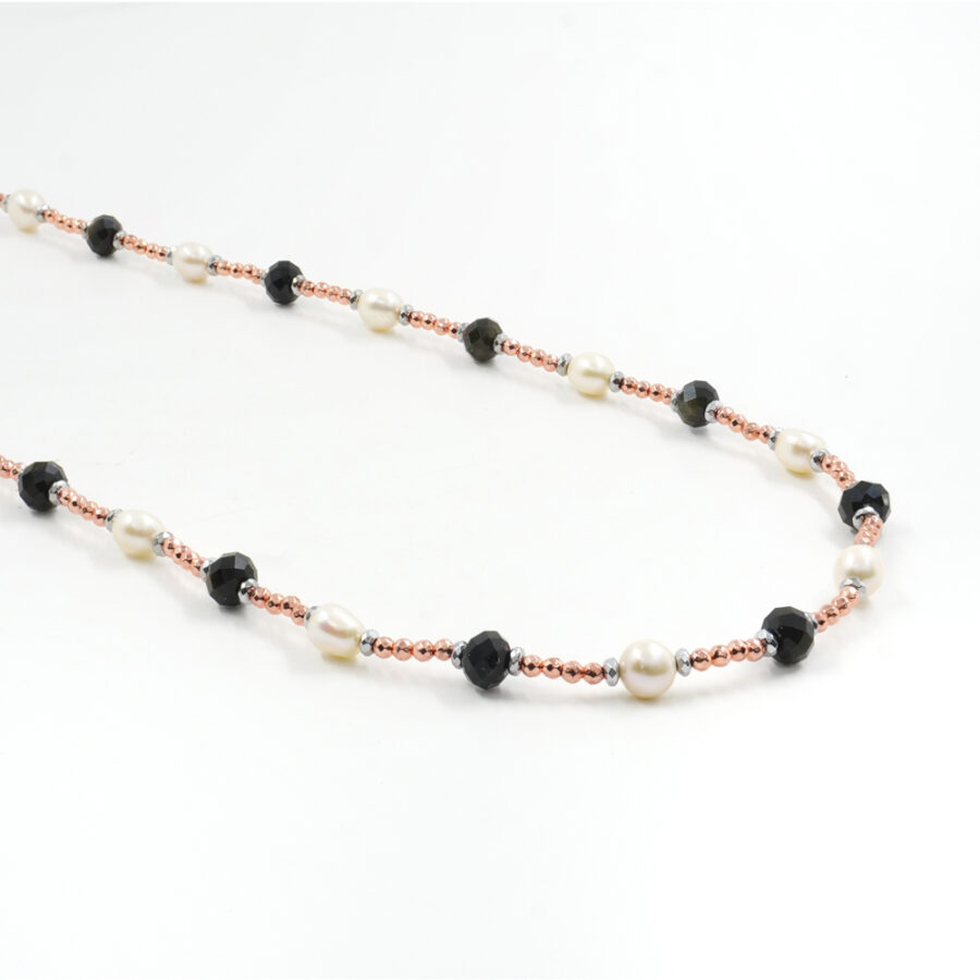Collana con ematite, perla, ossidiana gold, chiusura in argento 925 – Rodiato
