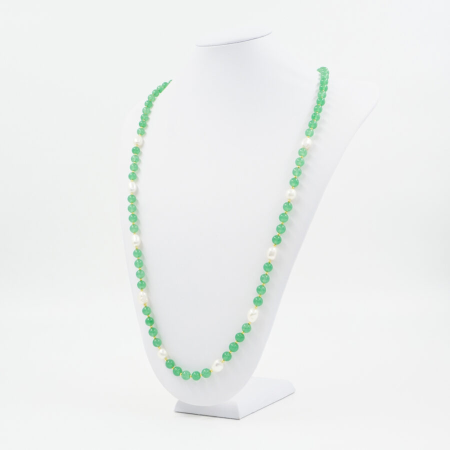 Collana con giada verde tinta, perla, ematite, chiusura in argento 925 – Dorato - immagine 2