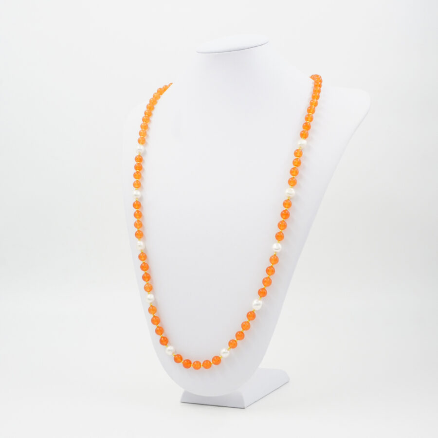 Collana con giada arancio tinta, perla, ematite, chiusura in argento 925 – Dorato - immagine 2