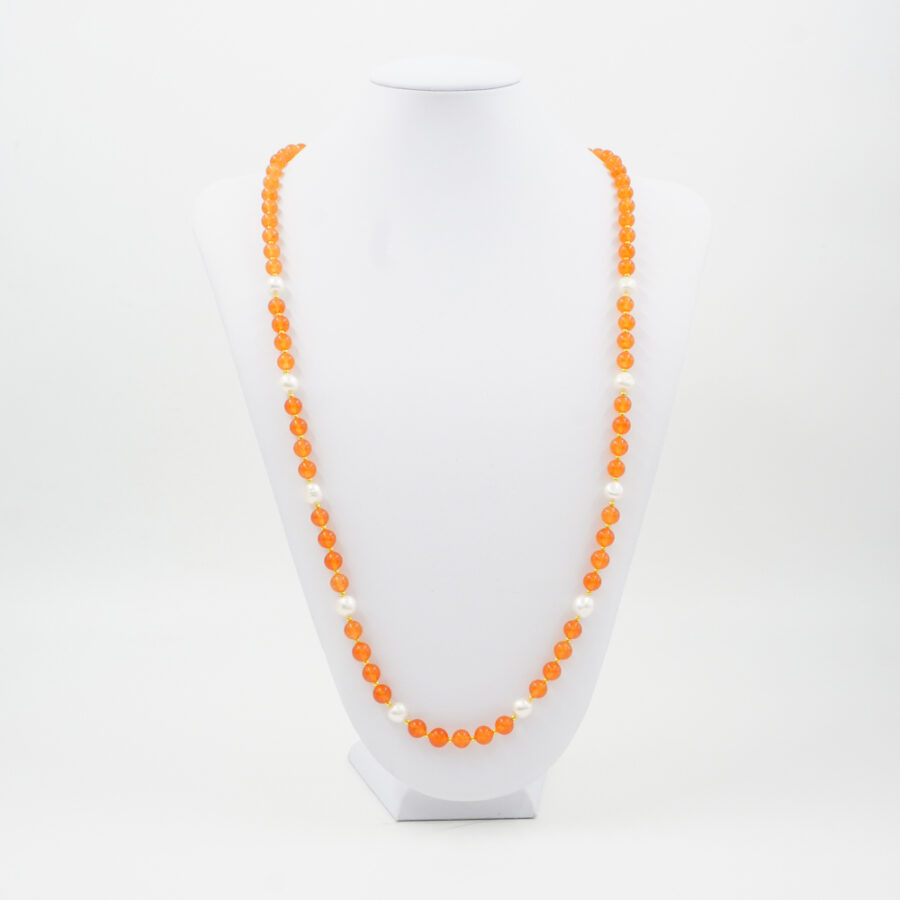 Collana con giada arancio tinta, perla, ematite, chiusura in argento 925 – Dorato - immagine 3