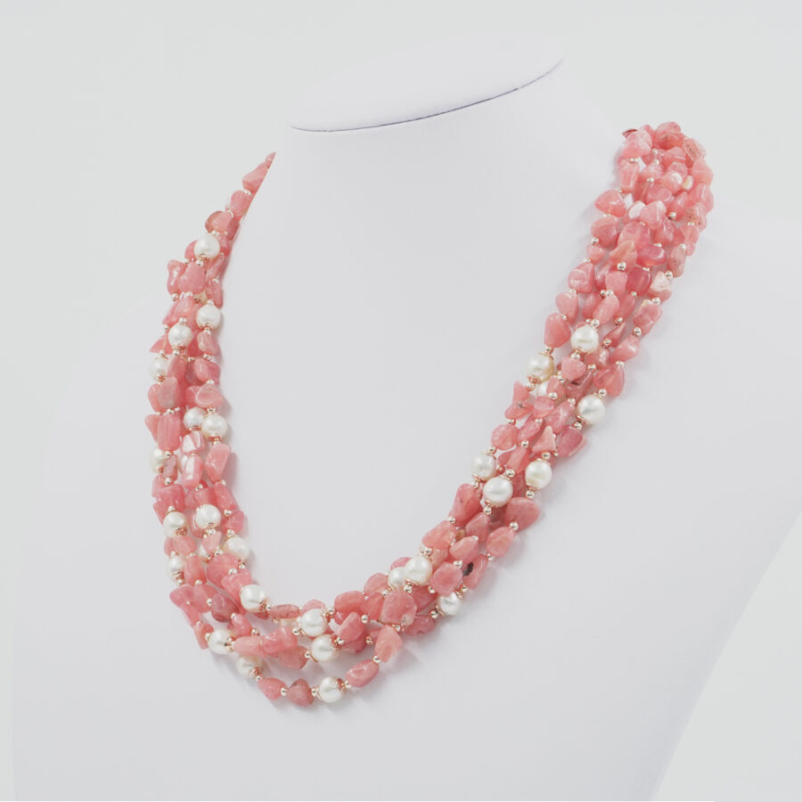 Collana Multifilo con rodocrosite, perla, ematite, chiusura in argento 925 – Rosato