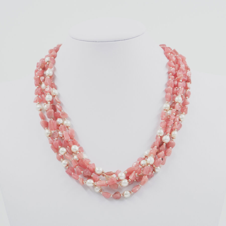 Collana Multifilo con rodocrosite, perla, ematite, chiusura in argento 925 – Rosato - immagine 2