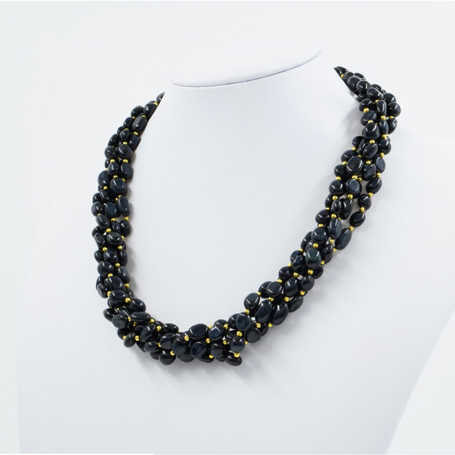Collana Multifilo con occhio di tigre nero, ematite, chiusura in argento 925 – Dorato