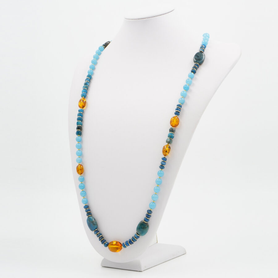 Collana con quarzo spugna azzurro, apatite, ambra, ematite, chiusura in argento 925 – Dorato - immagine 2