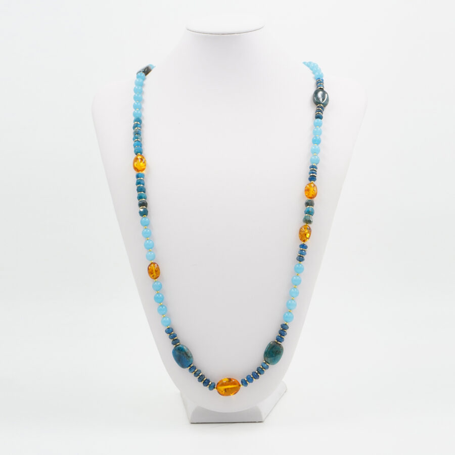 Collana con quarzo spugna azzurro, apatite, ambra, ematite, chiusura in argento 925 – Dorato - immagine 3