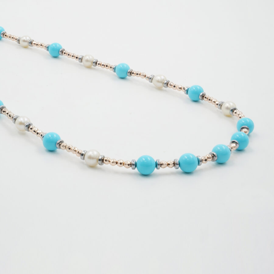 Collana con ematite, pasta di turchese, perla, chiusura in argento 925 – Rodiato