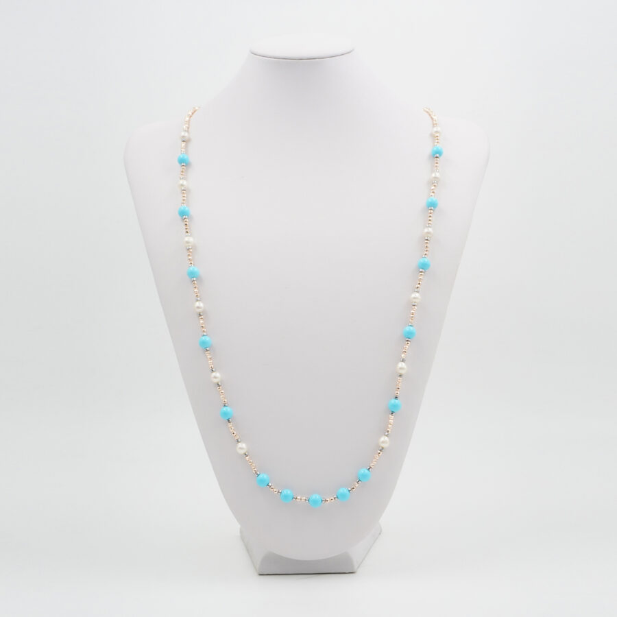 Collana con ematite, pasta di turchese, perla, chiusura in argento 925 – Rodiato - immagine 3