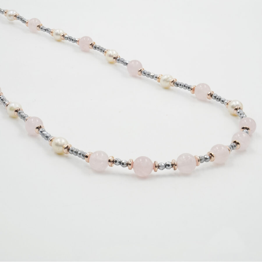 Collana con ematite, quarzo rosa, perla, chiusura in argento 925 – Rodiato
