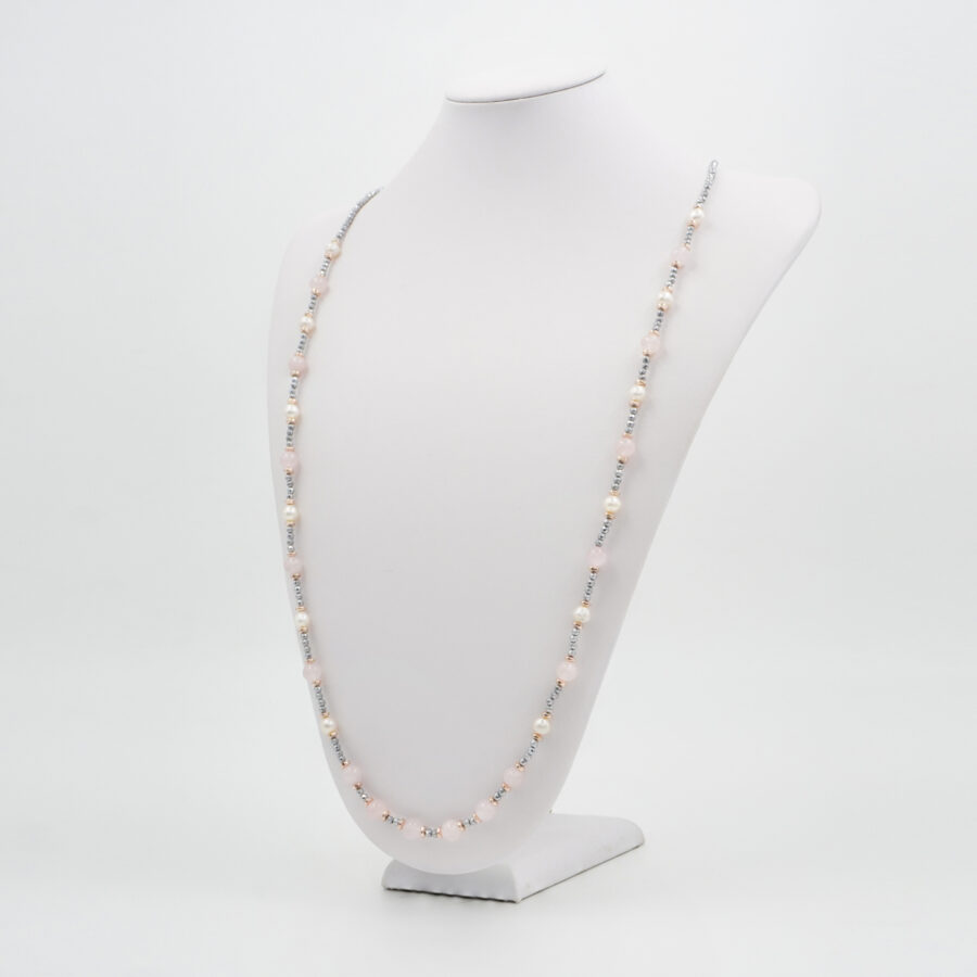 Collana con ematite, quarzo rosa, perla, chiusura in argento 925 – Rodiato - immagine 2