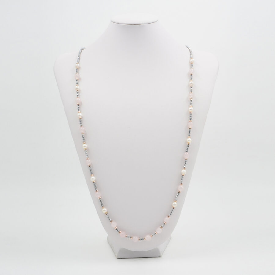 Collana con ematite, quarzo rosa, perla, chiusura in argento 925 – Rodiato - immagine 3