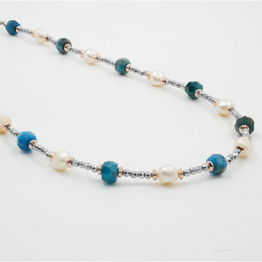 Collana con ematite, apatite, perla, chiusura in argento 925 – Rodiato