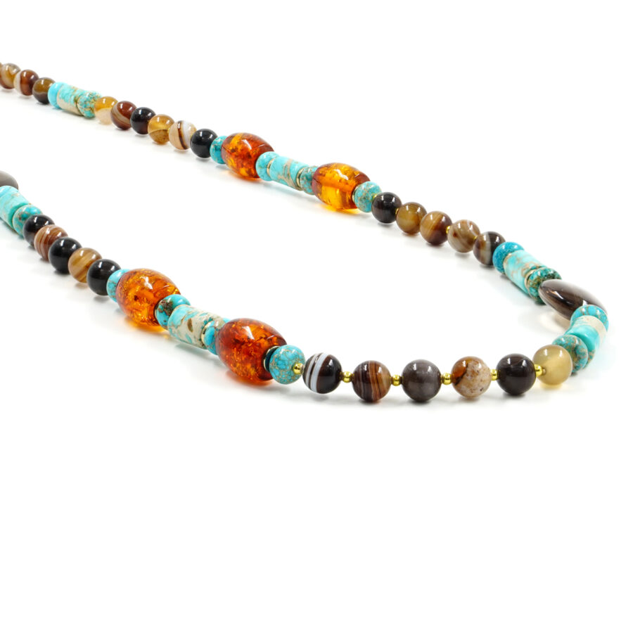 Collana con agata striata marrone, quarzo fume', ambra, diaspro imperiale, ematite, chiusura in argento 925 – Dorato