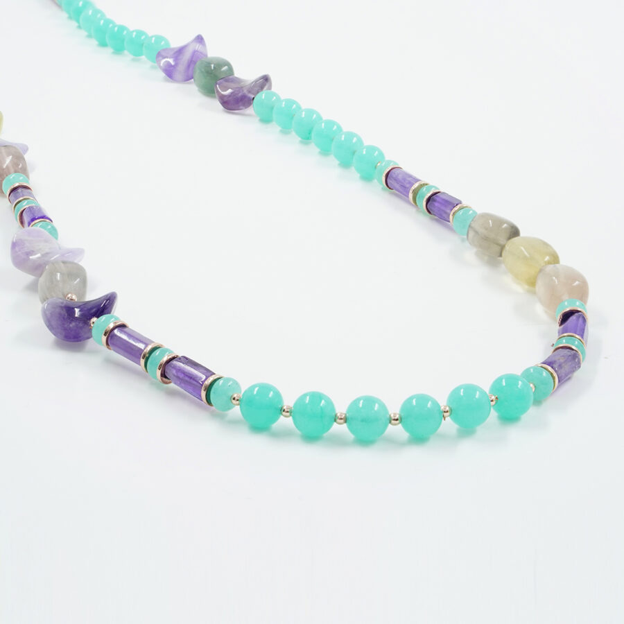 Collana con quarzo spugna verde, ametista, fluorite, ematite, chiusura in argento 925 – Rosato