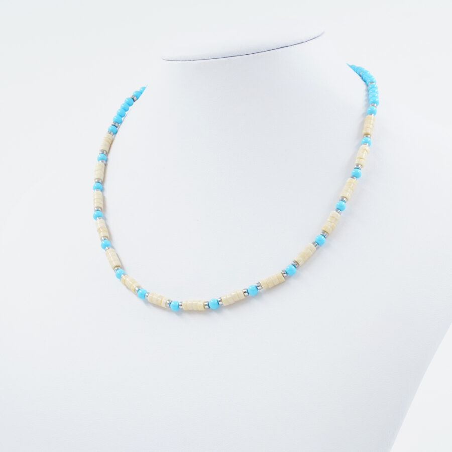 Collana con pasta di turchese, diaspro fossile, ematite, chiusura in argento 925 – Rodiato