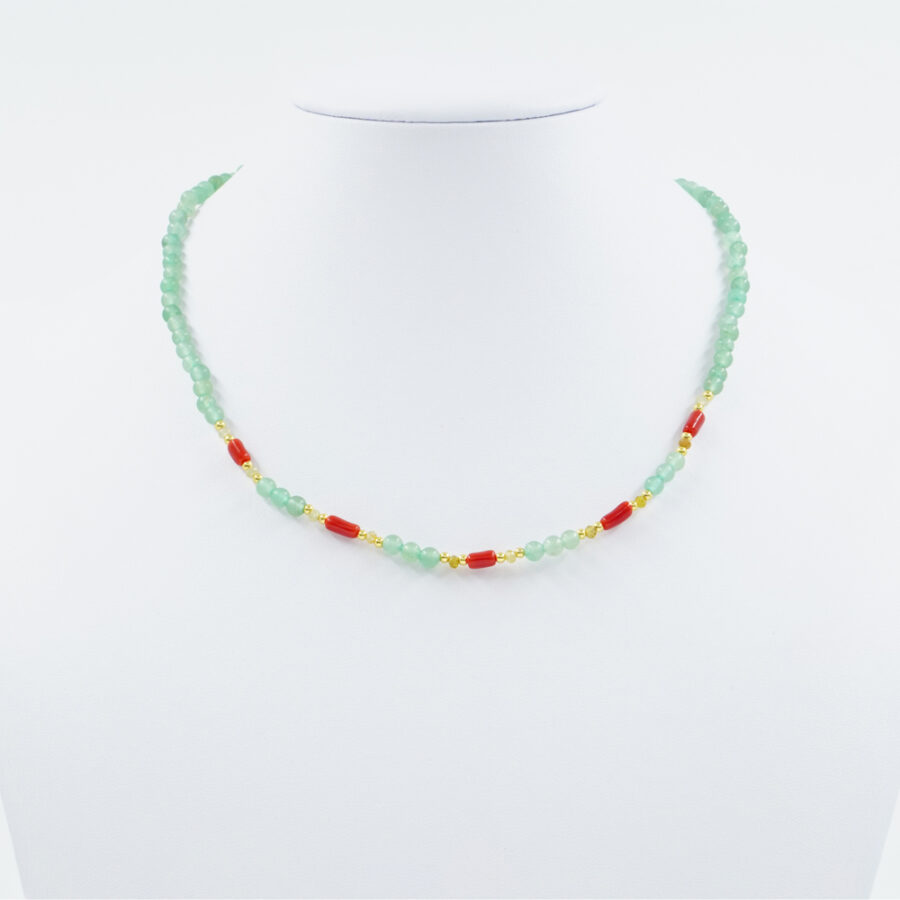 Collana con avventurina, corallo, granato verde, ematite, chiusura in argento 925 – Dorato - immagine 2