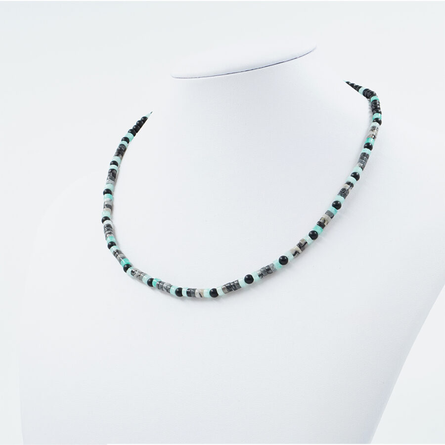 Collana con agata nera, diaspro verde tinto, Picasso jasper, ematite, chiusura in argento 925 – Rodiato
