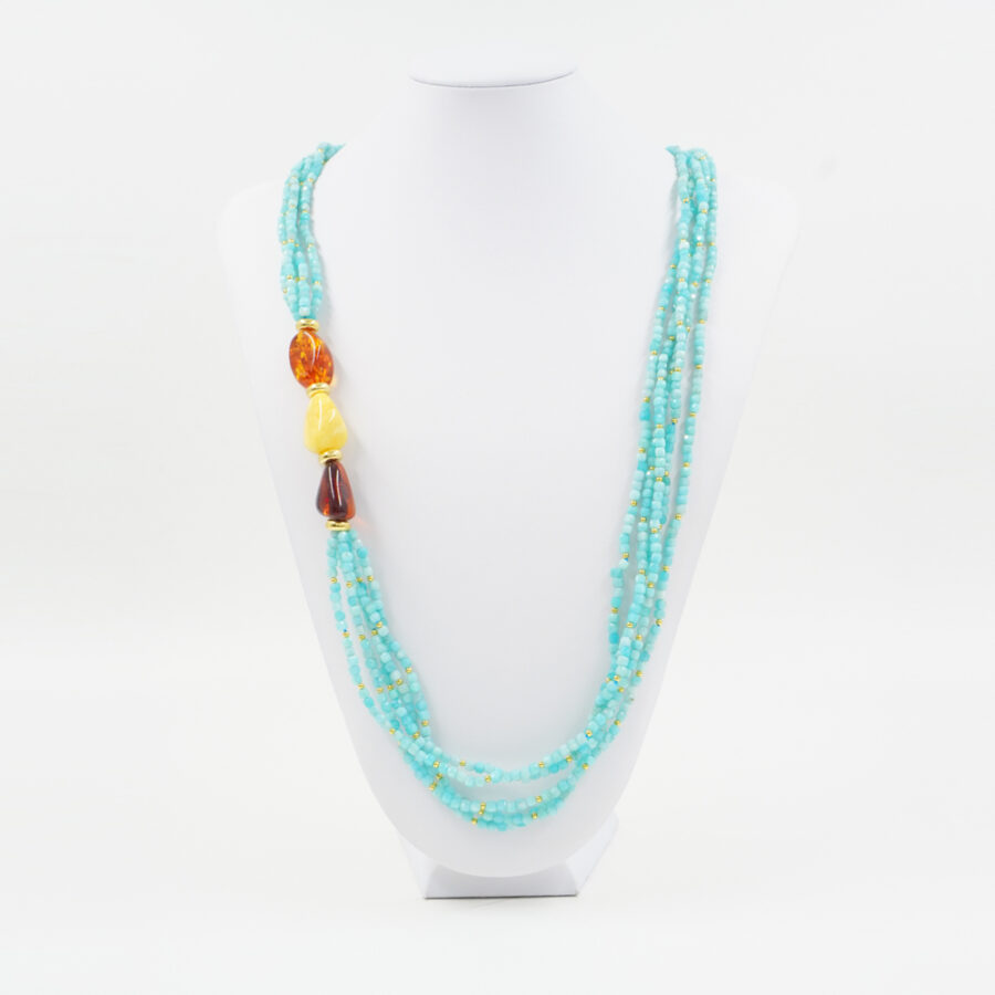 Collana Multifilo con amazzonite, ambra, ematite, chiusura in argento 925 - Dorato