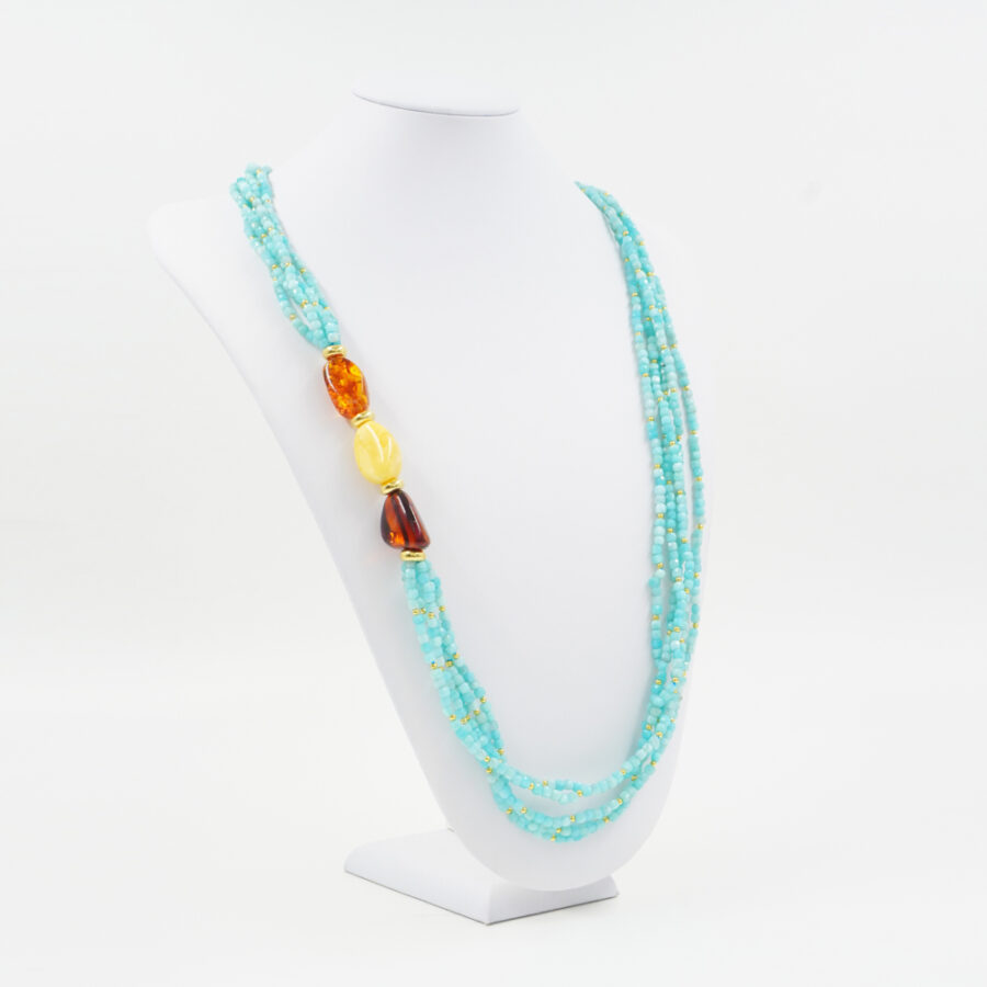 Collana Multifilo con amazzonite, ambra, ematite, chiusura in argento 925 - Dorato - immagine 2