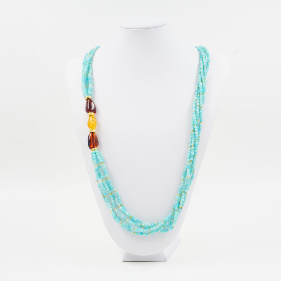 Collana Multifilo con amazzonite, ambra, ematite, chiusura in argento 925 - Dorato - immagine 3