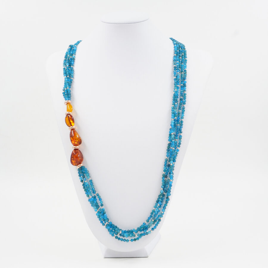 Collana Multifilo con apatite, ambra, ematite, chiusura in argento 925 - Rosato