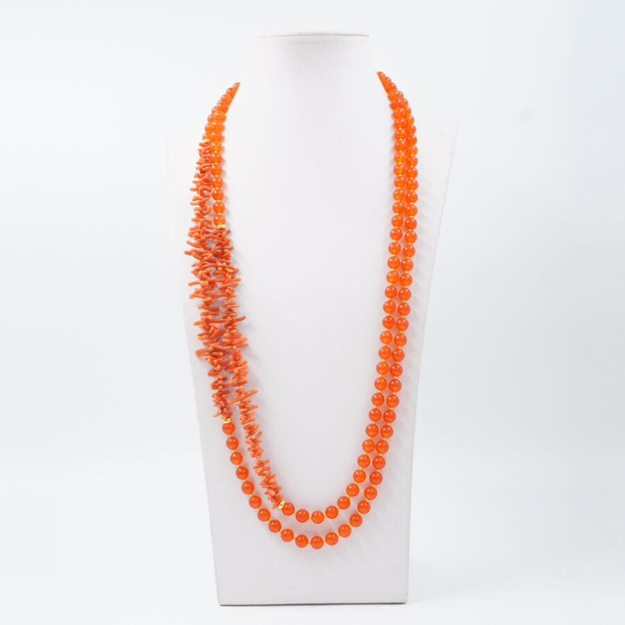 Collana Multifilo con giada tinta arancio, corallo, ematite, chiusura in argento 925 – Dorato - immagine 2