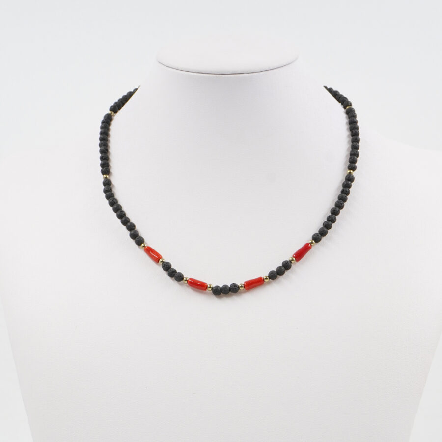 Collana con lava, corallo, ematite, chiusura in argento 925 – Dorato - immagine 2