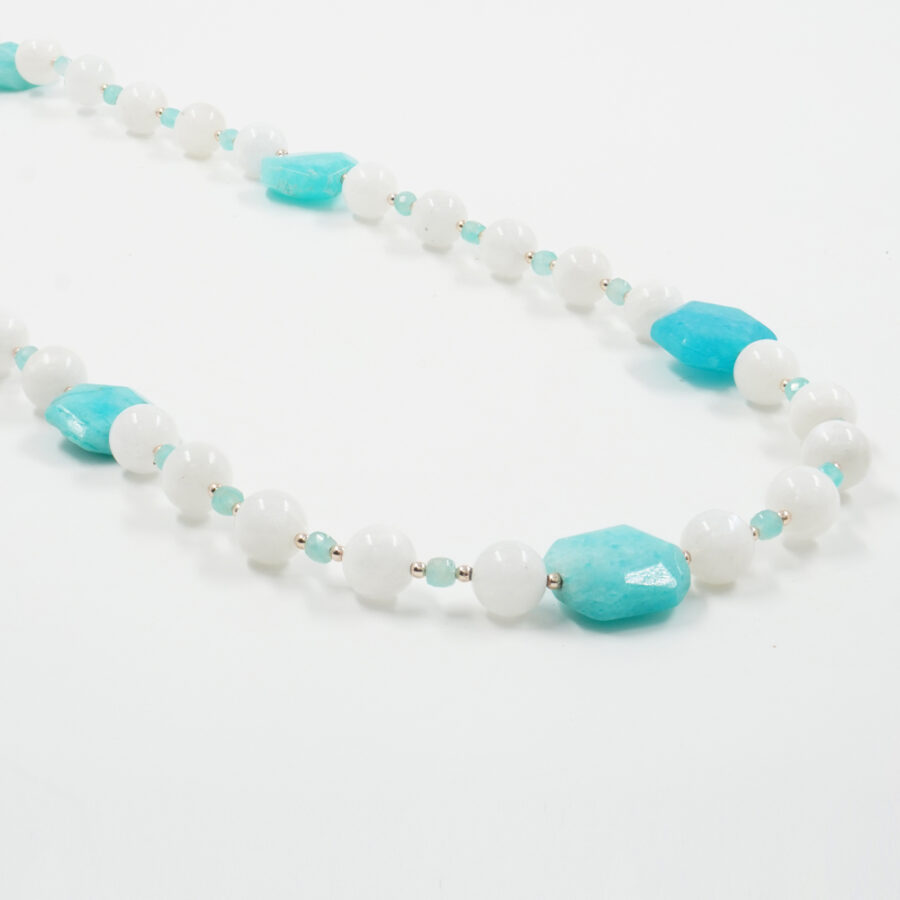 Collana pietra di Luna bianca, amazzonite, ematite, chiusura in argento 925 – Rosato
