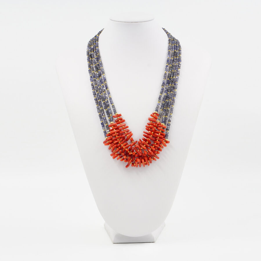 Collana Multifilo con iolite, corallo, ematite, chiusura in argento 925 – Dorato - immagine 2