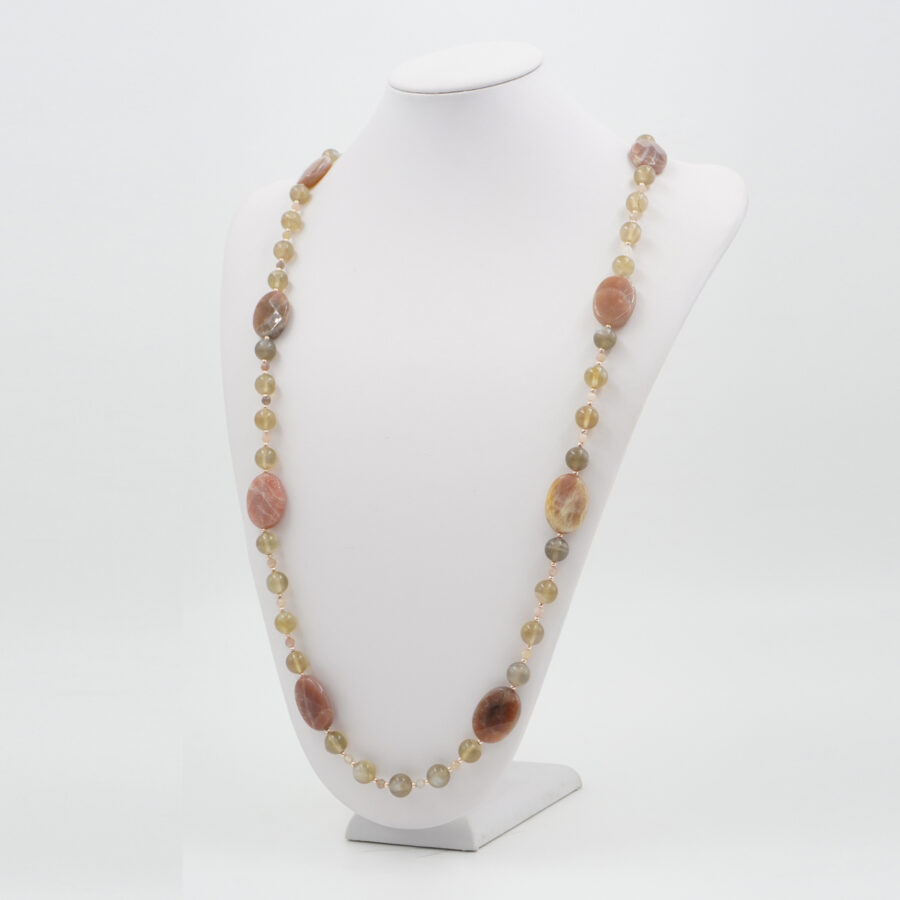 Collana con pietra di Luna grigia, pietra del Sole, ematite, chiusura in argento 925 – Rosato - immagine 2