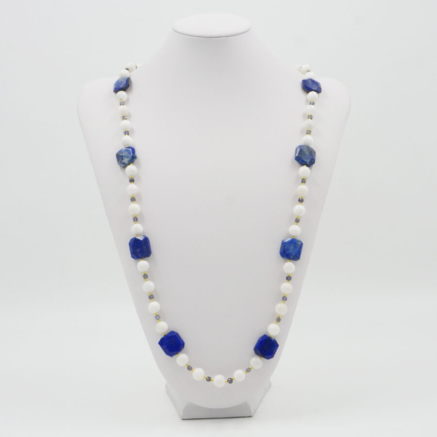 Collana con pietra di Luna bianca, iolite, lapis, ematite, chiusura in argento 925 – Dorato - immagine 3