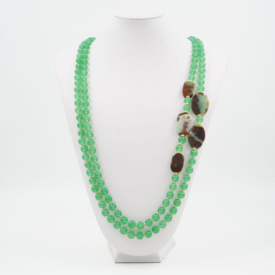 Collana Multifilo con giada verde tinta, crisoprasio, ematite, chiusura in argento 925 – Dorato