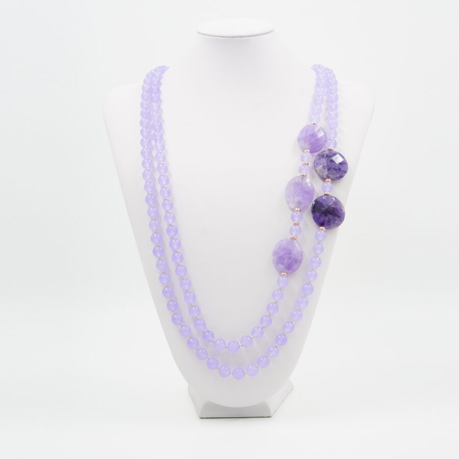 Collana Multifilo con giada lilla tinta, ametista, ematite, chiusura in argento 925 – Rosato