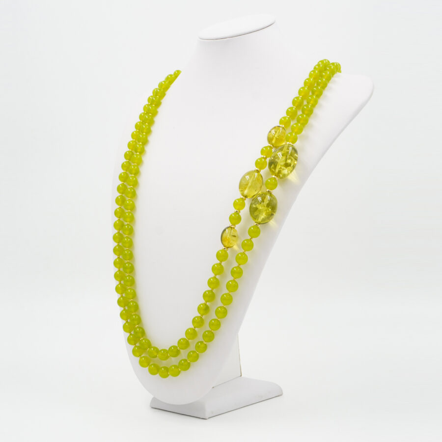 Collana Multifilo con giada verde tinta, ambra colombiana verde, ematite, chiusura in argento 925 – Dorato - immagine 2