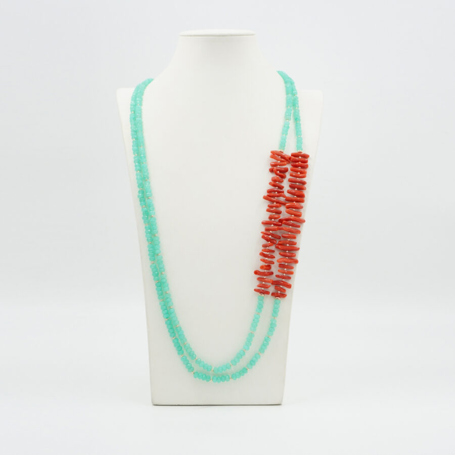 Collana Multifilo con quarzo spugna verde, corallo, ematite, chiusura in argento 925 – Rosato - immagine 2