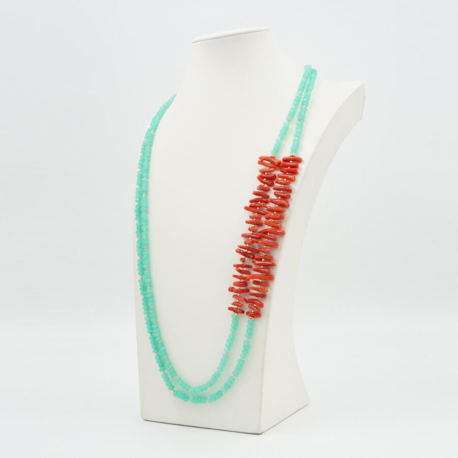 Collana Multifilo con quarzo spugna verde, corallo, ematite, chiusura in argento 925 – Rosato