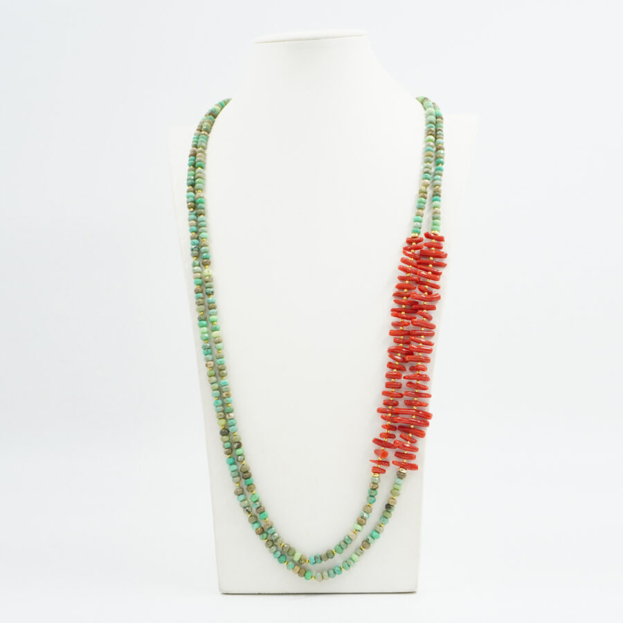 Collana Multifilo con agata green grass, corallo, ematite, chiusura in argento 925 – Dorato - immagine 2