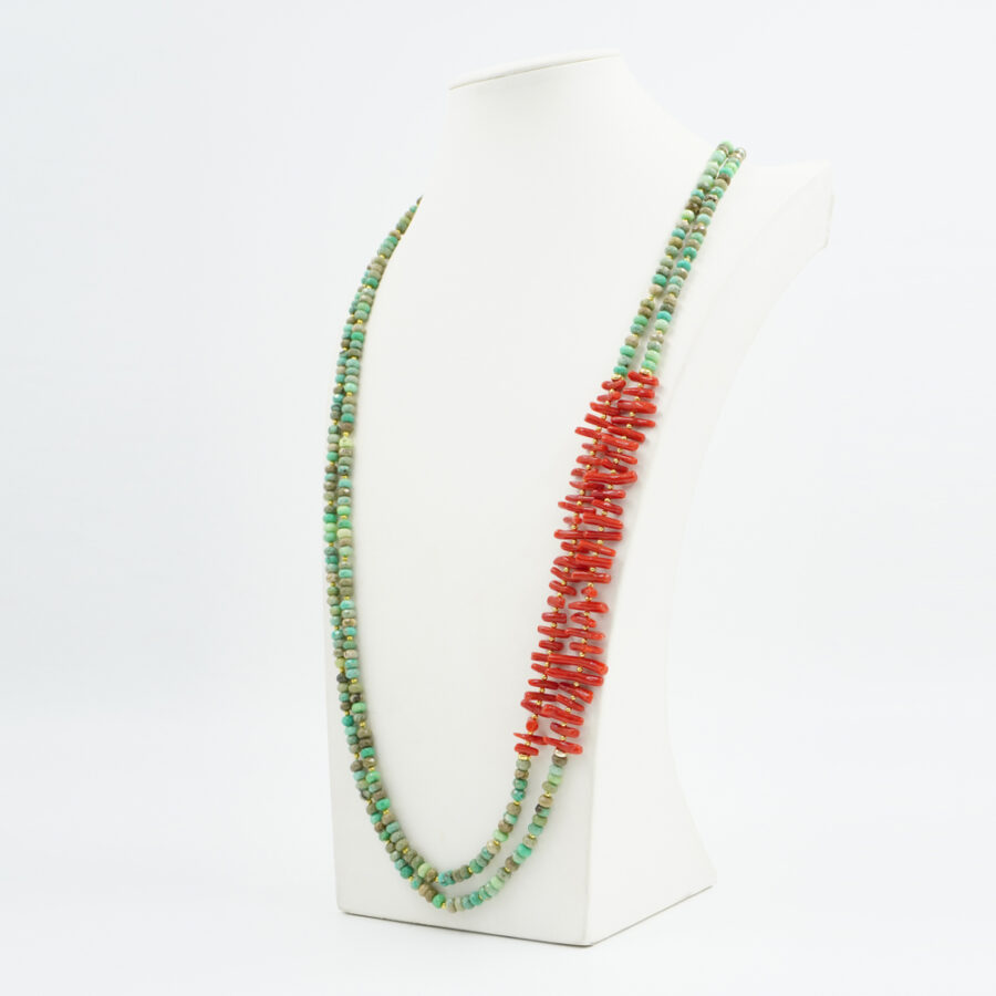 Collana Multifilo con agata green grass, corallo, ematite, chiusura in argento 925 – Dorato