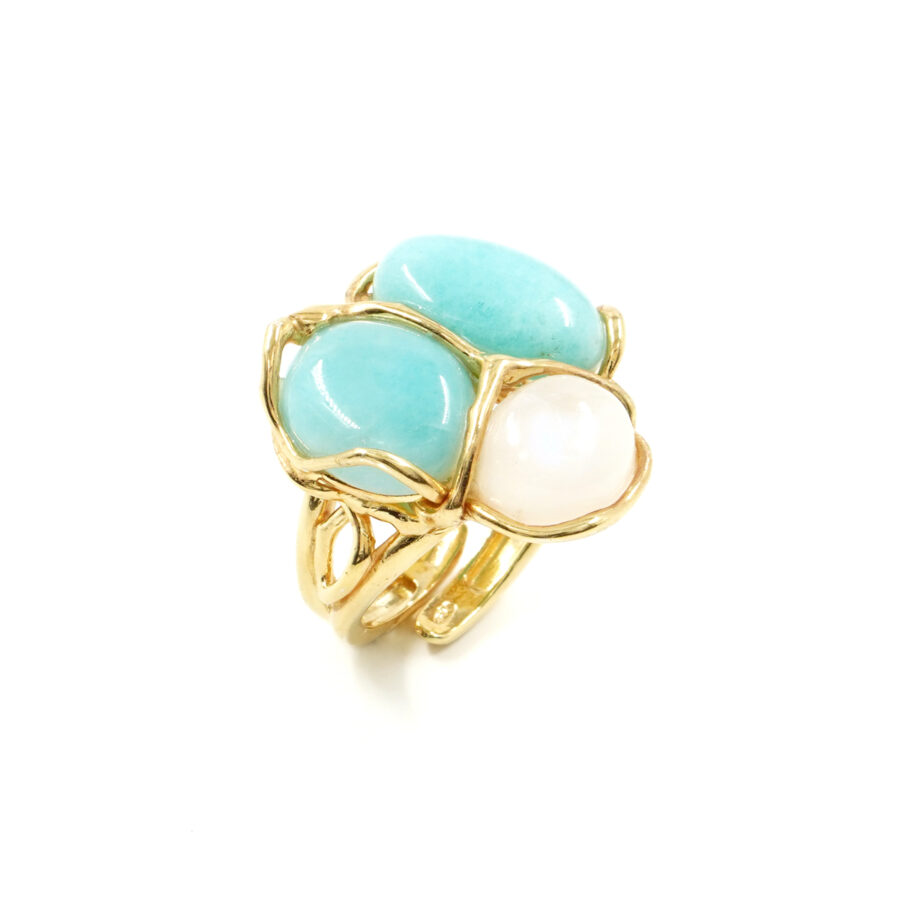 Anello in argento 925 con amazzonite, pietra di luna bianca – Dorato