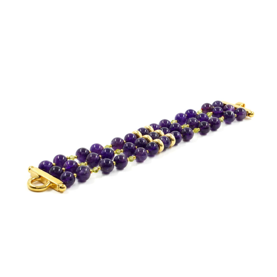 Bracciale Multifilo con ametista, peridoto, chiusura in argento 925 – Dorato